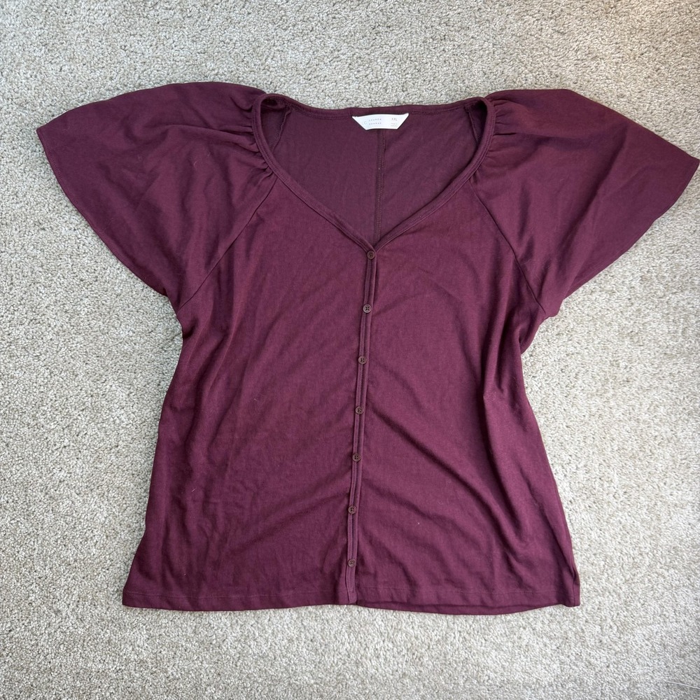 Lauren Conrad Shirt Womens 2XL Purple Button Front Flutter Sleeve Jersey Top